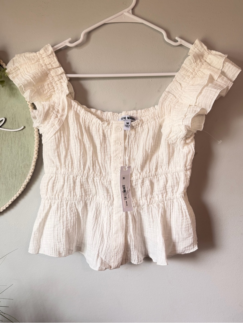 Steve Madden White Ruffle-Sleeve Smocked Crop Top